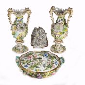 Large Minton porcelain pot pourri 30cm across, a flower vase, 15.5cm high and a pair of