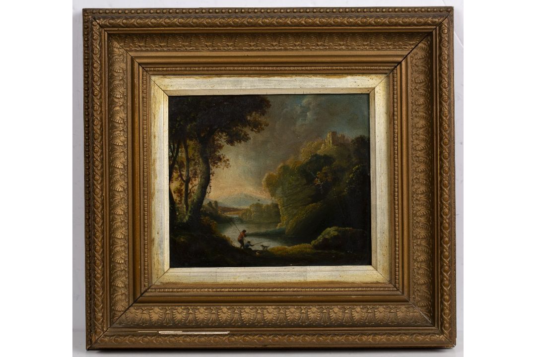 Circle of Richard Wilson (1714-1782) Pastoral landscape with fishermen to the foreground, oil on - Image 2 of 3
