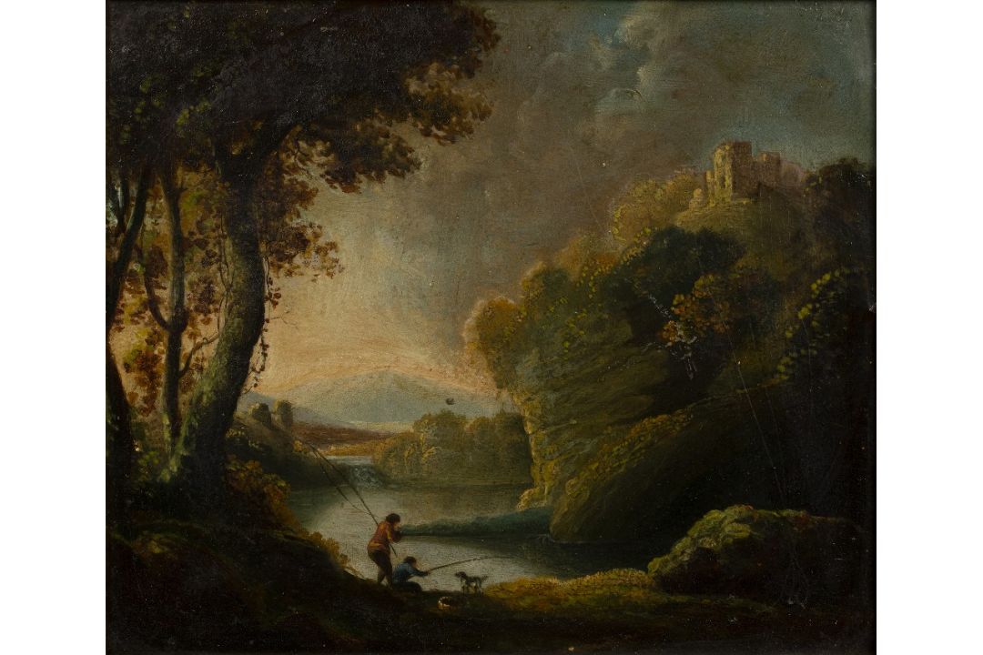 Circle of Richard Wilson (1714-1782) Pastoral landscape with fishermen to the foreground, oil on - Image 1 of 3