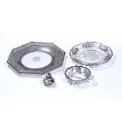 Three glass serving dishes with silver or white metal filigree overlay, two marked 'Sterling', the