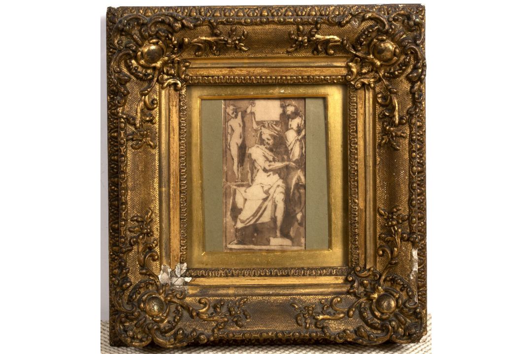 17th Century Italian School Figure study with vacant cartouche, pen, ink and sepia wash drawing, - Image 2 of 3