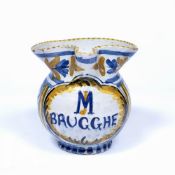 Flemish maiolica jug 19th Century, in the Italian style, marked 'Brugghe', 12.5cm high