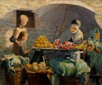 Early 20th Century English School The fruit & vegetable vendor, oil on canvas 75 x 91cm, carved