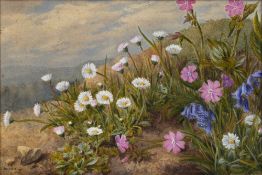 Marian Emma Chase (1844-1905) Daisies and bluebells in a meadow, watercolour, signed and dated 1871,