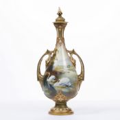 Royal Worcester vase with hand painted decoration of swans on a river, signed by William Powell,