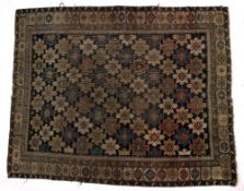Shirvan blue ground rug with large rectangular panel of foliate motifs, 123cm x 154cm