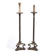 Pair of tall brass table lamps of classical form with triform bases, 61cm high overall