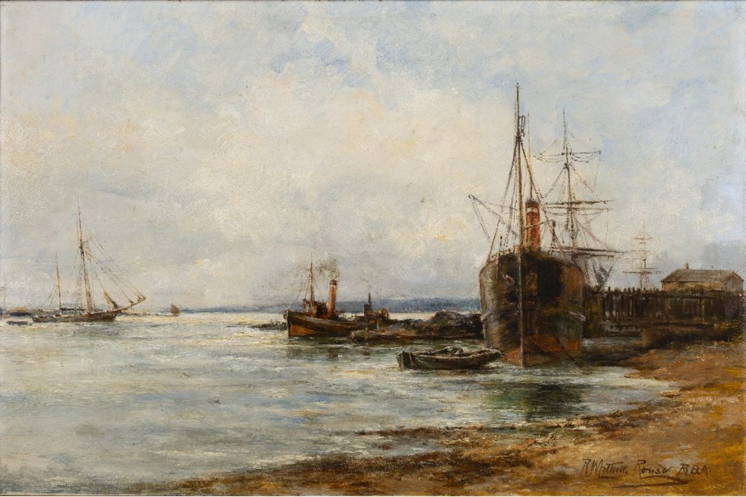 Robert William Arthur Rouse (fl.1882-1929) Busy shipping scene, oil on board, signed, 31cm x 43cm - Image 1 of 3