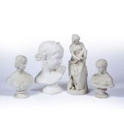 Two Parian style busts late 19th Century, 28cm and 25cm, a similar standing figure 40cm and a