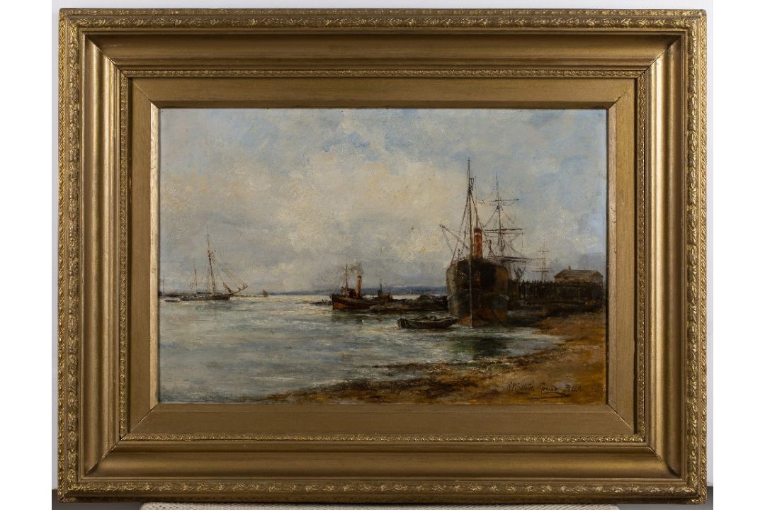 Robert William Arthur Rouse (fl.1882-1929) Busy shipping scene, oil on board, signed, 31cm x 43cm - Image 2 of 3