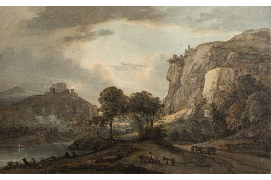 Paul Sandby RA (British,1731-1809) A capriccio landscape in North Wales with hilltop buildings to - Image 1 of 3