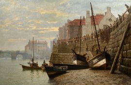 Late 19th Century English School A harbour scene with fishing boats and a group of fishermen looking