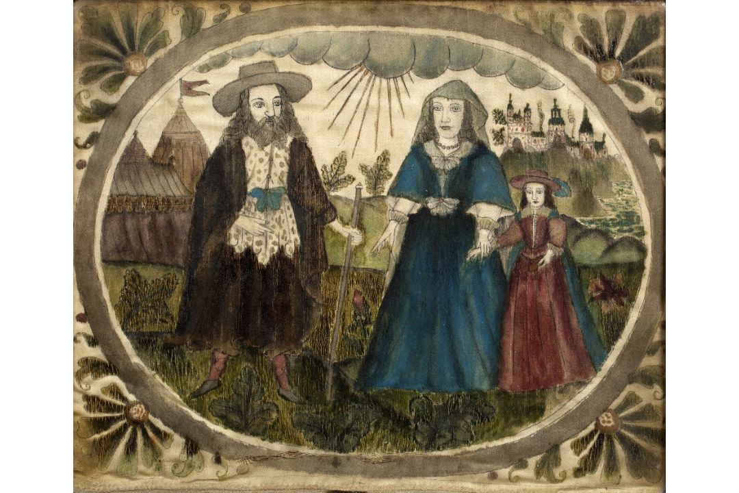 Silk study of a family group English, 18th Century, painted in a cartouche with three figures, set - Image 1 of 3