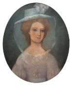19th Century English School Portrait of a lady wearing white dress and veiled bonnet pastels 58 x