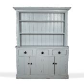 Painted pine dresser fitted with drawers, cupboards and open shelves above, 148cm wide x 199cm high