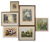 Denys Carnill Pittville Lake, Cheltenham, watercolour, signed, 13cm x 30cm and five other various