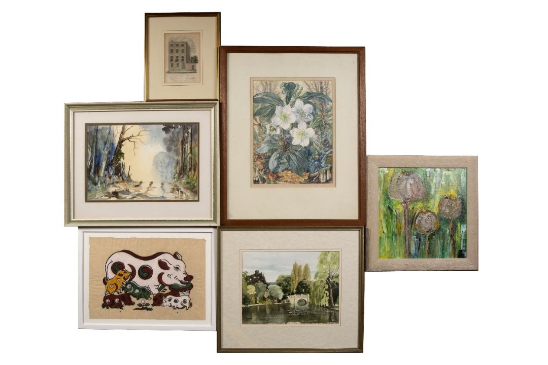 Denys Carnill Pittville Lake, Cheltenham, watercolour, signed, 13cm x 30cm and five other various - Image 1 of 2