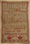 Antique needlework alphabet sampler worked in coloured threads, 'Mary Johnson 11 years of age