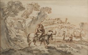 Francesco Zuccarelli (Italian, 1702-1788) Weary travellers on a path, brown wash and ink,16.5cm x