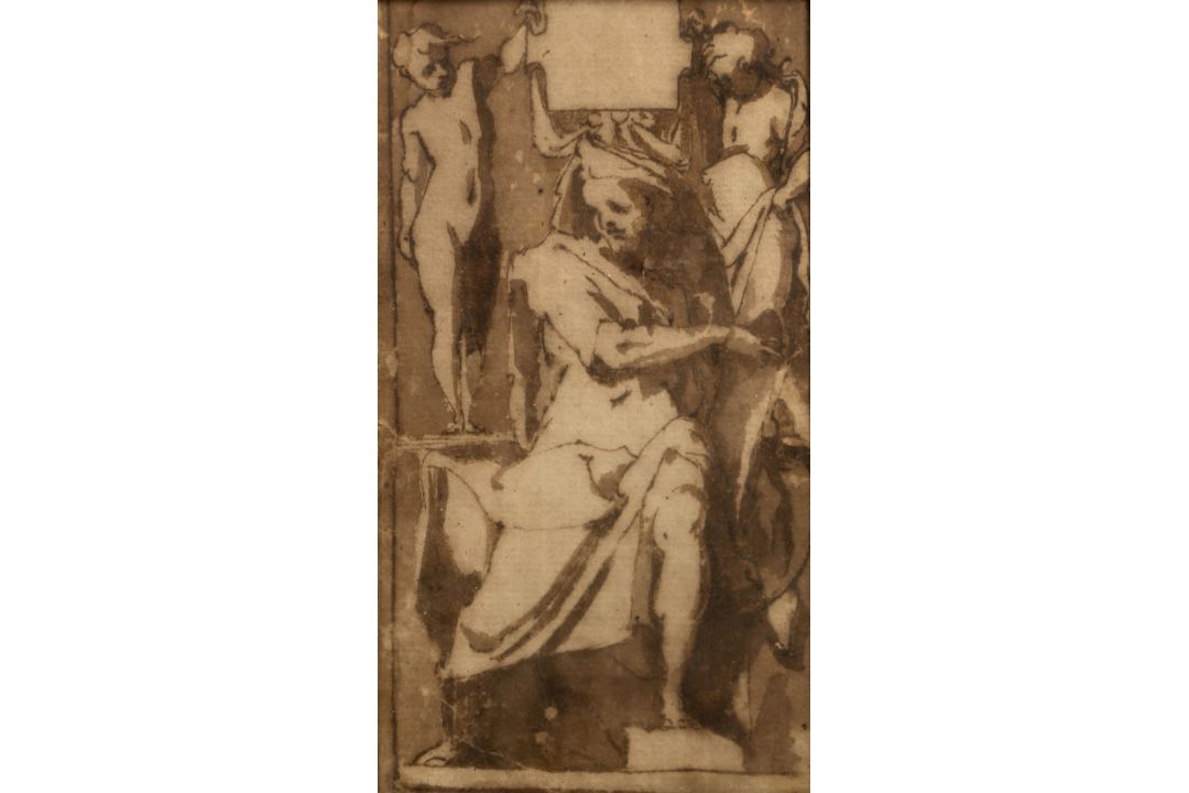 17th Century Italian School Figure study with vacant cartouche, pen, ink and sepia wash drawing, - Image 1 of 3