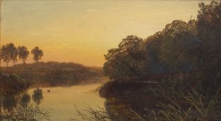 George Smith (1829-1901) Tranquil river scene at sunset, signed, oil on board, 16cm x 28.5cm