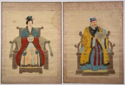 Pair of ancestral portraits Chinese, depicting an Emperor and Empress seated on thrones in