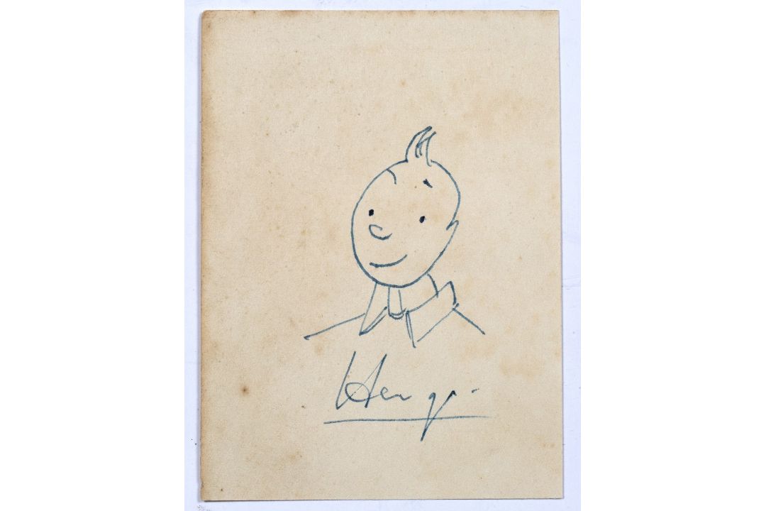 Attributed to Hergé (French,1907-1983) Tintin, Indian ink on paper, 11cm x 8.25cm and a copy of - Image 1 of 4