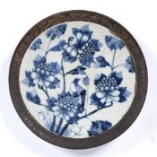 Crackleware charger Chinese, 19th Century, painted with birds and peonies, 37.5cm across