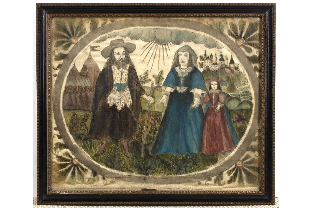 Silk study of a family group English, 18th Century, painted in a cartouche with three figures, set - Image 2 of 3