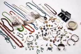 Collection of costume jewellery to include: Cornelian bead necklace and brooch, white metal cuff
