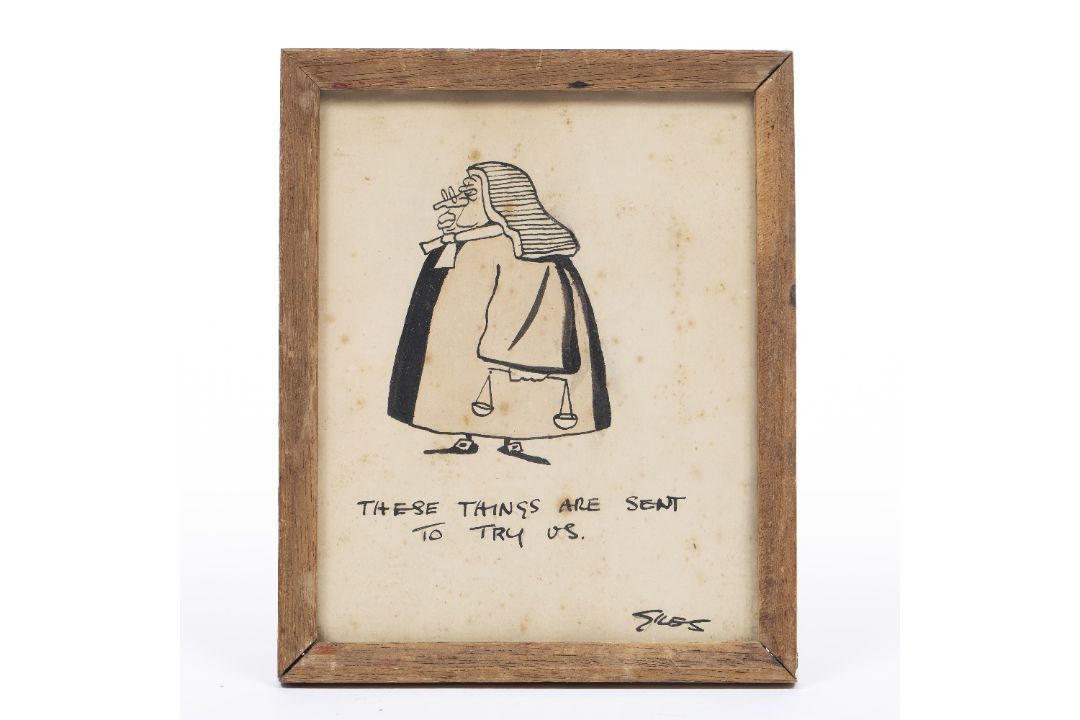 Carl Giles (1916-1995) Original cartoon, pen, ink and wash depicting a bewigged judge ''These things - Image 1 of 2