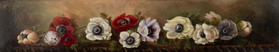 English School Study of poppies, oil on canvas, 16cm x 85cm
