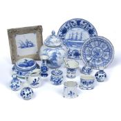 Collection of contemporary Delft pottery to include: ginger jar and cover, framed tile, pot and