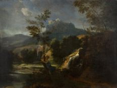 After Nicholas Poussin (French, 1594-1665) A windswept landscape with a girl clinging to a tree, oil