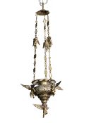 Brass sanctuary lamp with angel mounts, 74cm high, 26cm across