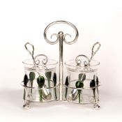 Attributed to Stuart & Sons Arts & Crafts peacock glass preserve jars and silver plated stand, circa