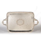 Large twin handled silver presentation tray with acanthus decorated handles and extensive engraved