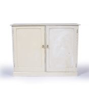 Painted twin door cupboard with panelled doors and brass handles, 128cm x 100cm x 40cm