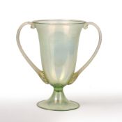 Attributed to Salviati & Co Venetian twin handled urn glass vase, green with gold leaf, unsigned,