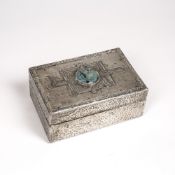 Arts and Crafts style box with hammered pewter exterior and ceramic Ruskin type roundel inset to the