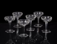 Set of six champagne or cocktail glasses with facet cut bowl on hexagonal base, unmarked, 13cm