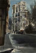R Johnston (20th Century School) 'Untitled street scene' watercolour, signed lower left, 51cm x 34cm