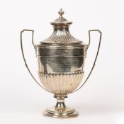 Large silver 'Beetham' trophy cup with angular handles on circular base with matching lid, 'Eagle