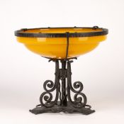 In the manner of Loetz Art Nouveau style, tango glass bowl mounted into a metal tazza stand,