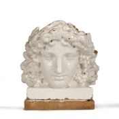 20th Century Art pottery crackle glazed head on square plinth, unsigned, 23cm x 20cm overall