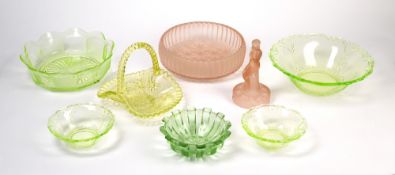 Collection of Sowerby and pressed glassware to include a floating bowl with nude figure by Ellison