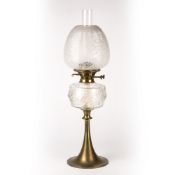 Late 19th Century oil lamp, etched aesthetic shade, with cut glass reservoir on brass stand, 65cm