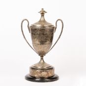 Large silver golfing trophy on circular base with lid, 'Eagle Star gold competition, the John