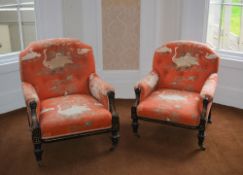 Aesthetic movement near pair of ebonised armchairs, with bird motif upholstery, unmarked,