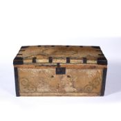 Hide covered dome topped chest initialled 'P.B' to the top with studded decoration, metal mounts and